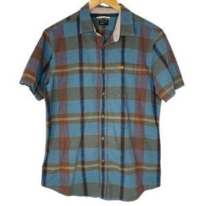 RVCA mens short sleeve, button down plaid blue orange 100% cotton size Large L
